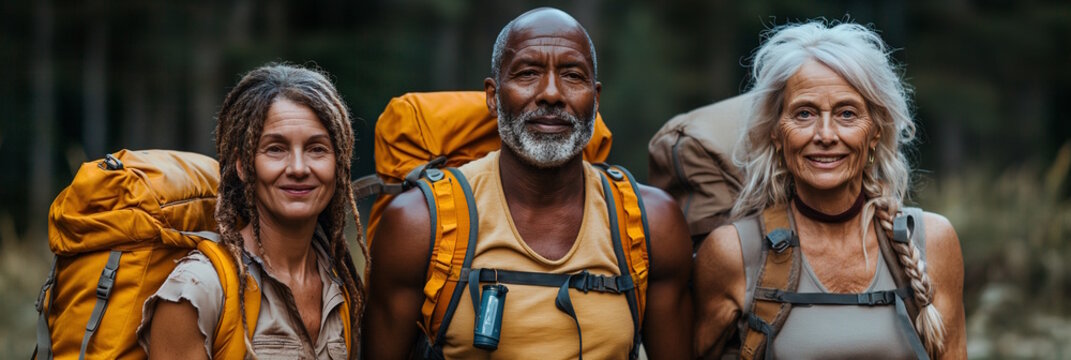 Elderly black man hiking with white and multiracial women in the forest. Concept for active aging, adventure, and enjoying nature