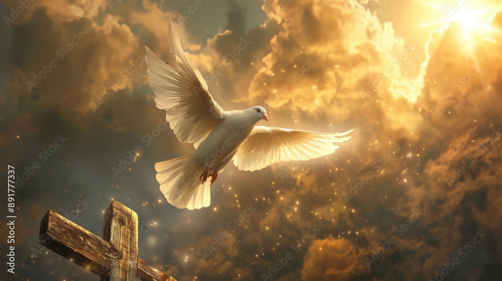 Wall mural a dove soars gloriously past a cross, illuminated by divine light against dramatic, golden clouds sy