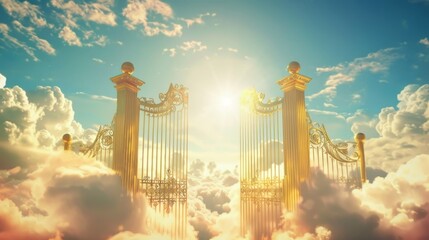 Radiant golden gates in the sky symbolize eternity, peace, the afterlife, hope, and divinity, with clouds and sun rays creating a celestial atmosphere.