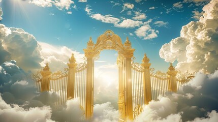 A breathtaking view of ornate golden gates surrounded by clouds and sunlight symbolizing spirituality, divinity, access to heaven, peace, and transcendence.