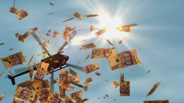 Malawi money Malawian kwachas banknotes helicopter money dropping. 2000 MWK notes abstract 3d concept of inflation, money printing, finance, economy, crisis and quantitative easing.