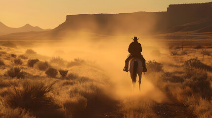 A man riding a horse through a desert at sunset