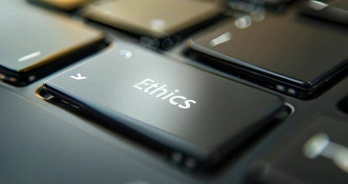 Keyboard with a highlighted Ethics key, emphasizing the importance of digital responsibility. Digital ethics. Copyspace