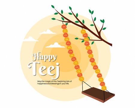 Happy Hariyali Teej Festival teej jhula decorative with marigold flowers Indian brides enjoy swing in monsoon