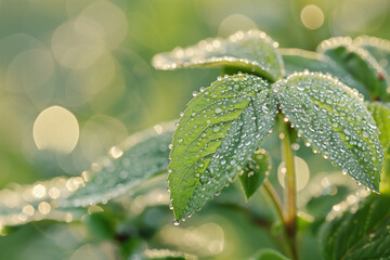 A leaf is covered in raindrops, creating a serene and peaceful atmosphere