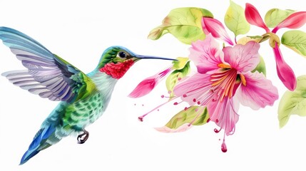 small bird hummingbird on a background of pink flowers and green leaves