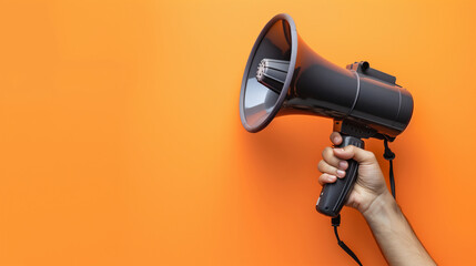 Fototapeta premium A person is holding a megaphone, orange background space for text