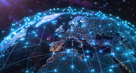 Image of data processing, colorful shapes, globe and connections on black background
