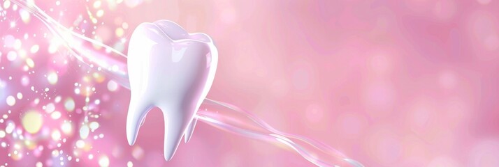 A single white tooth shines brightly in a pink background, symbolizing dental hygiene, oral health, fresh breath, healthy smile, and a clean feeling.