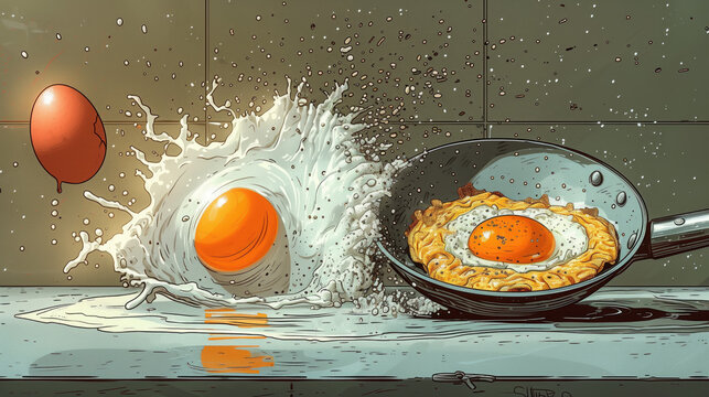 Ilustraci&oacute;n conceptual un huevo diferentes facetas, entero, frito, en una sart&eacute;n con una tortilla francesa. Quemar etapas, Dietas, ayuno intermitente, Sacar provecho de la oportunidad mensaje tr&iacute;ptico