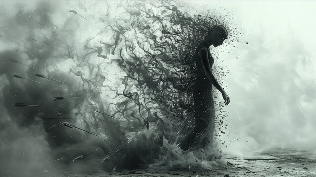 Persona de espaldas a sus problemas, concepto ilustrado, desvaneci&eacute;ndose en polvo, final, dejar atr&aacute;s, en las nubes, cenizas al viento, camina, agua, aves, blanco y negro, transici&oacute;n final, creencias