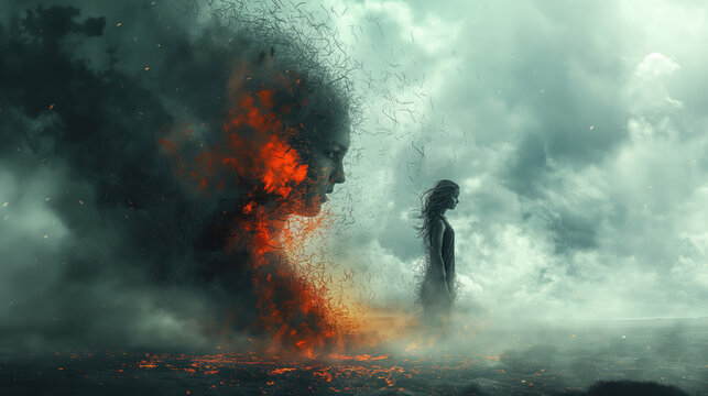 Una chica de espaldas a su voz interior, est&aacute; en conflicto con sus pensamientos y forma de ser actuar, lucha de emociones, b&uacute;squeda de identidad, dejar atr&aacute;s, ejemplo de vida, concepto ilustrado