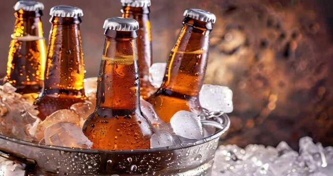 Ice-cold beer bottles in a bucket filled with ice, condensation forming on the bottles