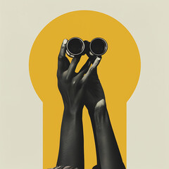 Black And White Hand Holding Binoculars With Yellow Background