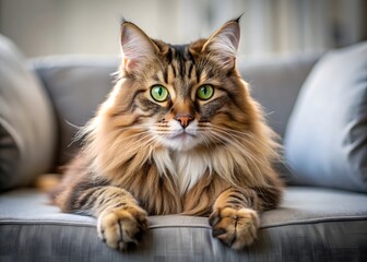 Fototapeta premium A cute pet Norwegian forest cat lying on the sofa with a blurred background