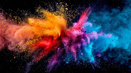Vibrant explosion of colored powder in dramatic abstract art. An eye-catching burst of colors in the dark. Perfect for creative projects, advertisements, backgrounds, and digital art. AI