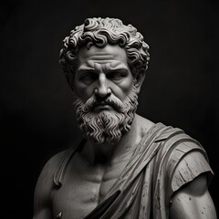 Black and white greek marble stoicism figure statue with black background