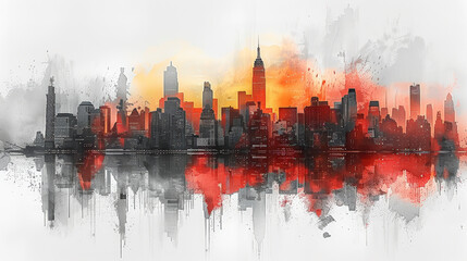 Fototapeta premium Big City Skyline: Central Color Photo Fading to Pencil Drawing. Generative AI