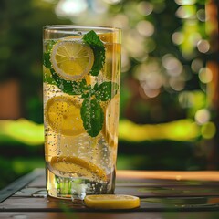 A refreshing glass of homemade lemonade with lemon slices and mint leaves