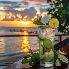 Refreshing Mojito Cocktail with Lime and Mint at Sunset