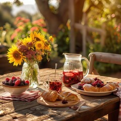 Rustic Summer Breakfast with Croissants and Berries