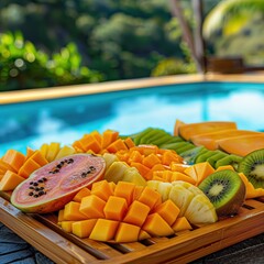 Tropical Fruit Platter with Fresh Mango and Kiwi by the Pool