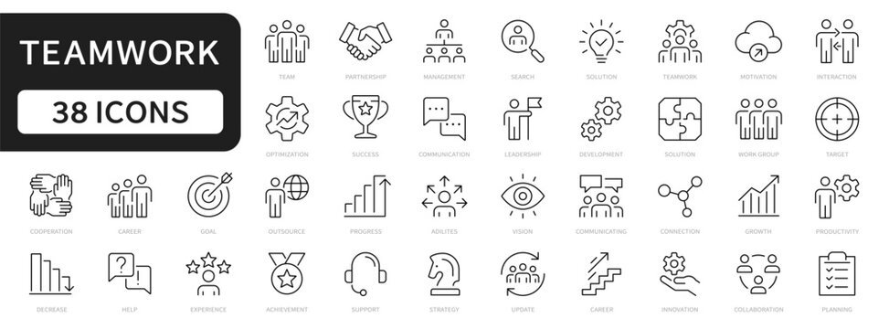 Teamwork line icons set. Collaboration, Teamwork, Partnership, Team, Business people, Cooperation editable stroke icons. Vector