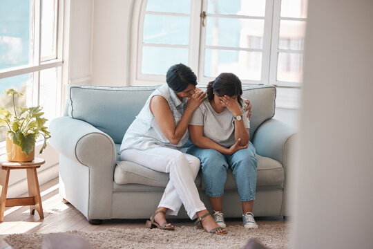 Cry, senior woman or daughter on sofa for support, comfort or depression in marriage. Family, mom or loss of loved one at home with relationship development, trust or hug on couch for mental health