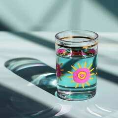 Obraz premium 45. Vibrant water glasses with cute sun patterns, fun and colorful, Water Glasses, Sun Designs