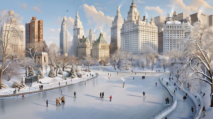 Serene Winter Cityscape Featuring Skaters With Historic Architecture