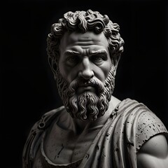 Black and white greek marble stoicism figure statue with black background