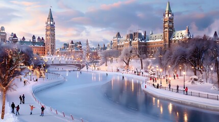 Serene Winter Cityscape With Ice Skaters And Historic Architecture
