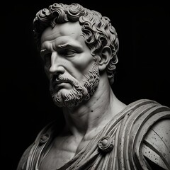 Black and white greek marble stoicism figure statue with black background