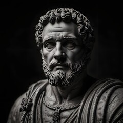Black and white greek marble stoicism figure statue with black background