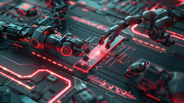 An advanced robotics facility, multiple robotic arms performing synchronized movements on a silicon wafer, neon accents