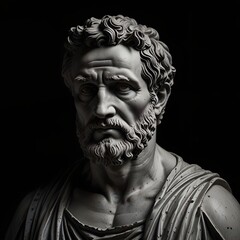 Black and white greek marble stoicism figure statue with black background