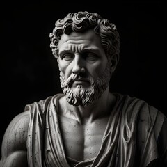 Black and white greek marble stoicism figure statue with black background