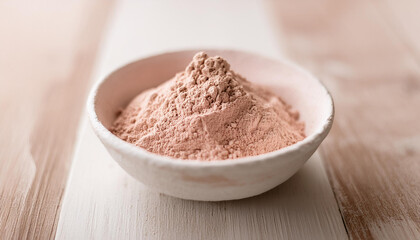 Pink clay powder in handmade ceramic bowl on wooden table. Beauty product. Skincare and wellness