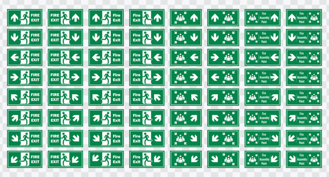 "Emergency assembly point and fire exit signs. Essential for safety and evacuation guidance."