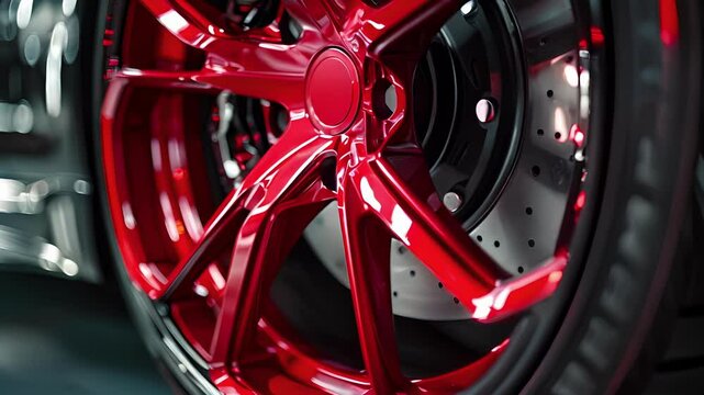 A zoomedin image of red brake calipers a bold and eyecatching feature against the black wheels.