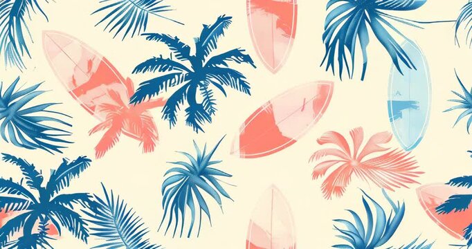 Summer patterns with soft colors, featuring palm trees and surfboards for a relaxing vibe