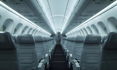 The modern airplane interior features sleek, comfortable seats and soft ambient lighting, showcasing the clean and spacious design of a contemporary commercial aircraft cabin.