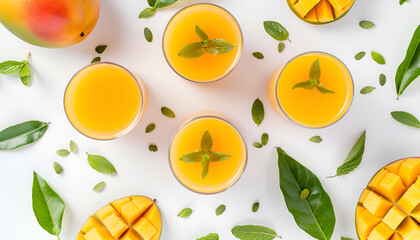 Mango juice and fruit isolated on white background close-up. Top view. Flat lay