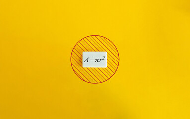 The area of a circle with radius formula and concept image.