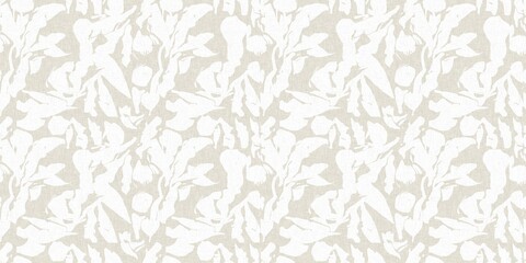 Seamless french gender neutral floral linen printed fabric border background. Light mottled white on grey cottage core block print pattern. Shabby chic woven duotone cloth effect. 