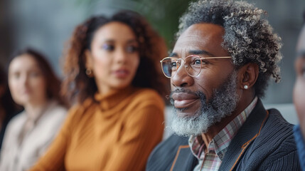 Portrait of group diverse people talking in debate session in office, discussing topics. Engaged audience at a casual business presentation or seminar. 