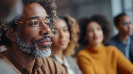 Obraz premium Portrait of group diverse people talking in debate session in office, discussing topics. Engaged audience at a casual business presentation or seminar. 