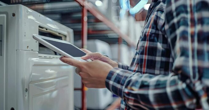 Technician using a digital tablet to diagnose HVAC issues, ensuring accurate and efficient problem-solving. HVAC service technician. Copyspace