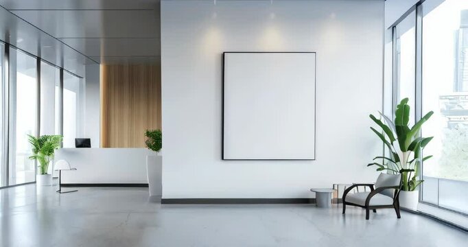 Sleek and sophisticated roll-up mockup poster in a modern office reception, ideal for branding or informational displays, minimalism, ample copyspace. Roll up mockup poster