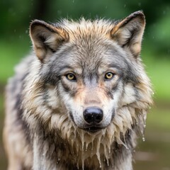 Fototapeta premium a wolf is standing in the rain